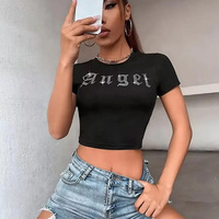 Camisetas Cortas Básicas de Verano para Mujer, Estilo Acid Wash, Cuello Redondo, Manga Corta, Casual, con Cuentas, Spandex/Algodón, Tela Jersey con Serigrafía