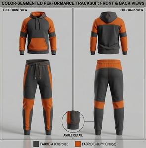 Survêtement à capuche pour homme, noir et orange, à blocs de couleur, manches longues, décontracté, sportswear avec poches latérales, coupe classique, automne - Product Image 3
