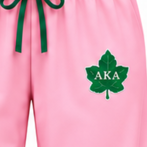 Women's <b>Pink</b> Pajama Set with Green Piping and Embroidered AKA Leaf Logo <b>Long</b> <b>Sleeve</b> Button Front <b>Top</b> Matching Drawstring Pants - Product Image 6