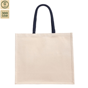 กระเป๋าผ้าแคนวาสเคลือบลามิเนต 300 GSM ขนาด 40x35x16 ซม. สีน้ำเงิน หูหิ้วบุผ้าฝ้าย รับทำโลโก้ตามสั่ง ขายส่ง กระเป๋าช้อปปิ้งสำหรับโปรโมชั่น - Product Image 1