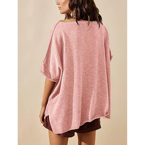 T-shirt en tricot ample à col rond et manches courtes pour femme, couleur unie rose, coupe ample, vêtements décontractés pour le printemps et l'été - Product Image 4