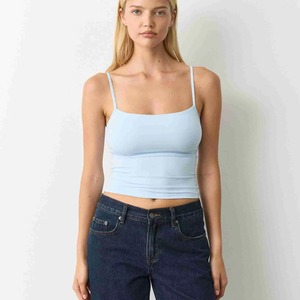 Women Light Blue Spaghetti Strap Tank <b>Top</b> Square Neck Knitted Casual <b>Crop</b> <b>Top</b> Solid Color Breathable Slim Fit - Product Image 1