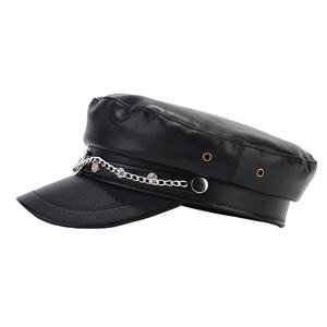 Gorra de Camuflaje con Cadena de Metal y Etiqueta Retro de Cuero, Gorra de Moda Estilo Británico, Gorra Negra con Visera - Product Image 2