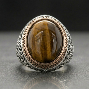 925 Sterling Silver <b>Two</b> Tone Plated Vintage Tiger Eye 10x14mm Oval Shape Smooth Gemstone Men's <b>Ring</b> Bezel Setting Gift For Him - Product Image 1