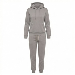 Conjunto de Sudadera con Capucha y Pantalones Deportivos para Mujer, 100% Algodón, Color Gris Sólido, Estilo Casual, con Cordón Ajustable y Bolsillos, para Otoño - Product Image 1