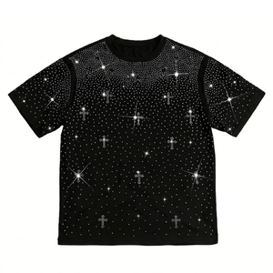 Ensembles chemises et shorts noirs pour hommes, les plus vendus, avec logo personnalisé imprimé, effet délavé et strass, pour streetwear vintage de haute qualité - Product Image 2