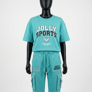 Conjunto de Pantalones Jogger Cargo y Camiseta de Algodón Premium de 200 GSM, Color Turquesa, con Panel de Bolsillo y Logotipo Estampado, Conjuntos para Mujer - Product Image 3