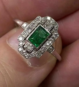 1.50 Ct Green <b>Emerald</b> & Diamond <b>Ring</b>, Antique Engagement Wedding <b>Ring</b>, Women's Anniversary Gift <b>Ring</b> in 935 Argentium <b>Silver</b> - Product Image 3
