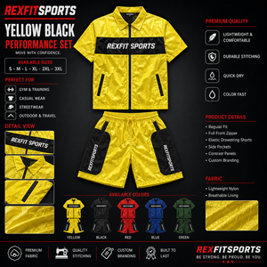 ชุดวอร์มไนลอนสีเหลืองดำแบบกำหนดเองสำหรับผู้ชาย REXFIT SPORTS 2026 ชุด 2 ชิ้น เสื้อแจ็คเก็ตแขนสั้นมีซิป กางเกงขาสั้น ชุดกีฬา ผู้ผลิต - Product Image 1