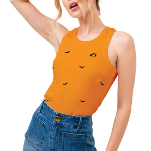 Wholesale Women Pumpkin Orange Bat Print Ribbed Tank Top Sleeveless Casual Vest Washed Summer Boutique Women's Shirts Supplier - Product Image 3