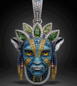 Luxury <b>Iced</b> <b>Out</b> Blue Alien Face Pendant Necklace – Hip Hop CZ Diamond Egyptian Pharaoh Inspired Pendant with Cuban Link <b>Chain</b> - Product Image 3