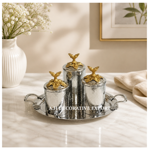 Modern Luxury Hotel Reception <b>Decorative</b> Jar Set with Tray Ornate Metal Utility Containers for Spices and Condiments - Product Image 1