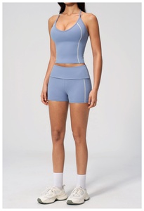 2026 Blue 2 Piece Yoga Set Halter <b>Crop</b> <b>Top</b> High Waist Shorts Seamless Quick Dry Spandex Polyester Solid Color Contrast Stitch - Product Image 3
