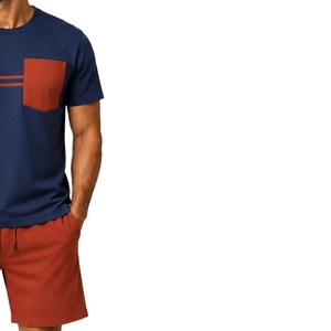 Conjunto de camiseta y pantalones cortos para hombre, azul marino y color óxido, cuello redondo, manga corta, top con bolsillo, pantalones cortos cargo con cordón, ropa deportiva informal de verano - Product Image 3