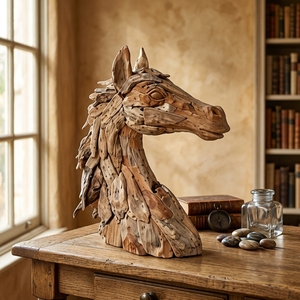 Handcrafted <b>wooden</b> horse head sculpture rocky <b>rustic</b> teak driftwood animal bust statue table floor accent decoration spaces unit - Product Image 2