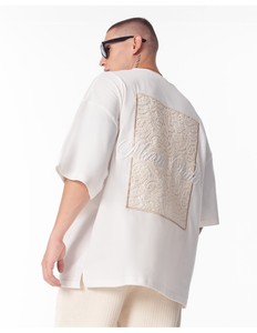 Men's Oversized <b>White</b> T-Shirt With Lace Applique Patch Street Style Short Sleeve O-Neck Cotton Jersey <b>Tee</b> - Product Image 2