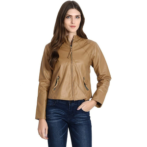 Chaqueta de Cuero para Mujer, Cuero Sintético, Corte Ajustado, Cuello Alto, Cierre de Cremallera, Moda Otoño Invierno - Product Image 1