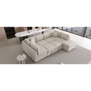 Divano Letto Sezionale a U Oversize Beige da 300 cm con Due Cuscini Decorativi e Sezione Estraibile per Soggiorno - Product Image 2