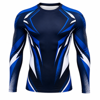 Maillot de compression unisexe à manches longues en polyester et élasthanne respirant 140g, motif graphique bleu, pour entraînement MMA et lutte, personnalisable