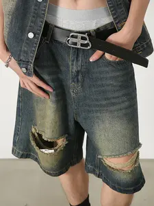 Ripped <b>Men's</b> Denim <b>Shorts</b> 100% Cotton Baggy Oversized Vintage Wash <b>Knee</b> <b>Length</b> Elastic Waist High Waist - Product Image 2