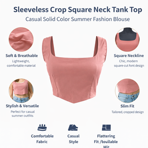 Women Sleeveless <b>Square</b> <b>Neck</b> Short Crop <b>Top</b> Solid Color Slim Fit Casual Summer Fashion <b>Tank</b> Blouse 100% Cotton Streetwear - Product Image 2