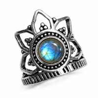 Bague statement en laiton plaqué argent fait main, sertie d'une pierre de labradorite en forme de couronne, motif lotus bohème, légère et au design unique