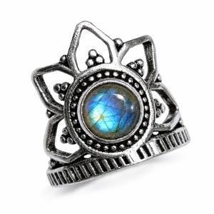 Labradorite Crown <b>Statement</b> <b>Ring</b> Handmade Silver Plated Brass Lotus <b>Ring</b> Crystal Healing Jewelry - Product Image 1