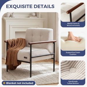 Modern Accent <b>Chair</b> with Metal Frame & Wood Armrests, Button Tufted Upholstered <b>Reading</b> <b>Chair</b> for Living Room, Bedroom & Lounge - Product Image 6