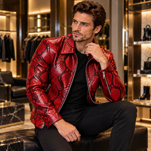 Veste de motard en cuir véritable vert gaufré serpent respirante de luxe vintage pour homme avec fermeture éclair, style streetwear hiver, mode personnalisée - Product Image 5