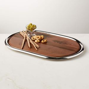 Wholesale Luxury Oval Acacia Wood Serving Tray Bulk Hotel Platter with Elegant Polished Silver Metal Border Modern Home Decor - Product Image 1