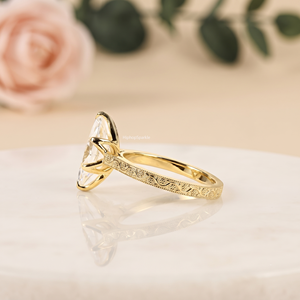 Bague de fiançailles en argent sterling 925 avec moissanite taille marquise sertie à griffes, plaquée or, bande gravée vintage, bijoux fins de mariée, cadeau - Product Image 2