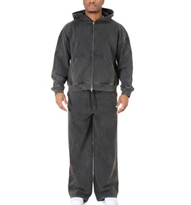 Ensemble de survêtement en molleton épais de haute qualité pour l'hiver, avec strass, lavage à l'acide, pantalon de jogging évasé pour homme - Product Image 1