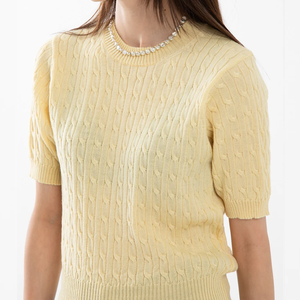 Pull en maille torsadée jaune pâle pour homme, manches trois quarts, couleur unie, tricoté en acrylique, idéal pour l'automne - Product Image 6