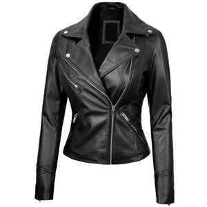Chaqueta de Motera Asimétrica Negra para Mujer, 100% Piel de Cordero Auténtica, Mangas Largas con Puños con Cremallera, Superventas - Product Image 1