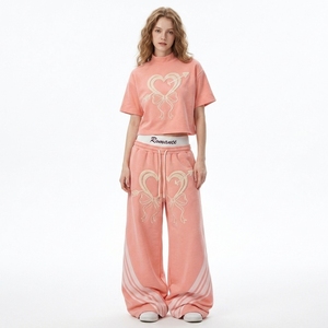 OEM Custom Women's Oversized <b>Crop</b> <b>Top</b> Wide Leg Jogger Pants Set Streetwear Spring Wear Solid Lightweight Embroidery Logo - Product Image 1