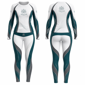 Yoga Club Women's 2 Piece Crew Neck Full Sleeve Seamless <b>Mesh</b> Yoga Set Teal Gray Color Blocking Breathable Spandex Mid Waist - Product Image 1
