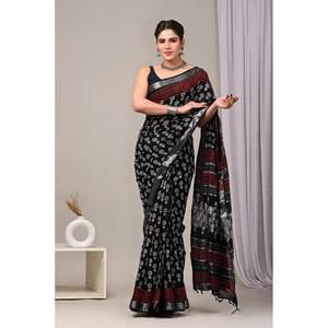 Saris en lin et coton 100% imprimés d'une manière artistique unique, avec un chemisier en lin, pour un look élégant lors de fêtes, au bureau et dans la vie quotidienne. - Product Image 4