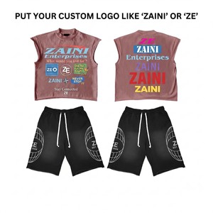 ชุดเซ็ตเสื้อกล้ามและกางเกงขาสั้นผู้ชาย ผ้าคอตตอนผสมพรีเมียม 240 GSM สีดำ สีน้ำตาล สกรีนโลโก้ตามสั่ง สไตล์สตรีทแวร์ ชุดออกกำลังกายสองชิ้น - Product Image 1