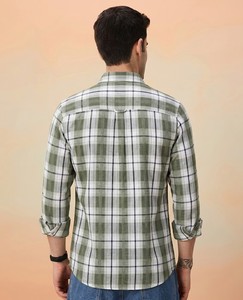 Men's <b>Green</b> <b>White</b> <b>Stripes</b> Full Sleeve Double Breasted Woven Cotton Flannel Casual <b>Shirt</b> Turn-down Collar Breathable Summer Style - Product Image 2