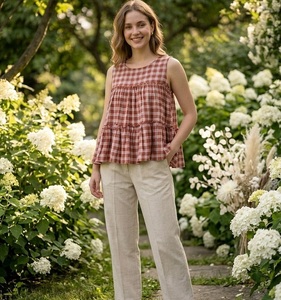 <b>Linen</b> Cotton Checks Print Short Kurti With Plain <b>Linen</b> Pant Casual Wear Formal Regular Wear Simple Pant <b>top</b> Cordset for Ladies - Product Image 1
