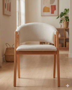 Fauteuil scandinave en bois massif avec dossier incurvé, siège rembourré en tissu crème, chaise de salle à manger en bois naturel avec accoudoirs - Product Image 3