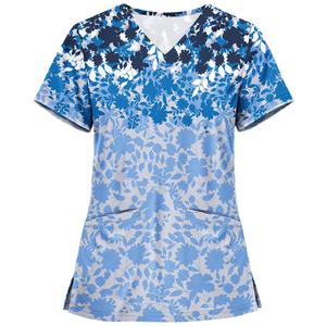 Blusa de Mujer Vintage con Cuello en V, Manga Corta, Estampado Floral, Tejida, con Bolsillos, de Poliéster, Informal, Transpirable, para Trabajo - Product Image 1