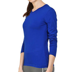 T-shirt à manches longues col en V bleu royal pour femme, 100% coton tricoté, coupe ajustée, couleur unie, décontracté, toutes saisons - Product Image 2