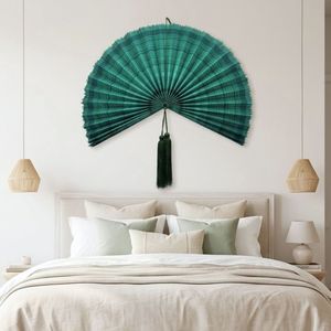 Grand éventail mural en bambou tissé à la main, vert émeraude, décoration murale naturelle pour salon, chambre à coucher, décoration intérieure - Product Image 5