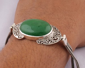 Natural Green Jade <b>Silver</b> Vintage Anniversary Handcrafted Filigree Oval Cabochon Chain <b>Cuff</b> <b>Bracelet</b> 925 Sterling <b>Silver</b> Jewelry - Product Image 1