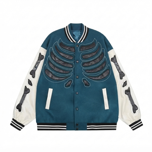 Blouson universitaire Skeleton Bone pour homme, manteau d'hiver en laine avec manches en cuir, style streetwear hip-hop, vêtement d'extérieur oversize décontracté vintage bomber - Product Image 1