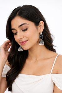Pendientes Jhumka de Plata Oxidada con Perlas de Ónix Negro al por Mayor, Pendientes Colgantes Bohemios Étnicos Hechos a Mano para Mujer, Joyería de Moda India - Product Image 2
