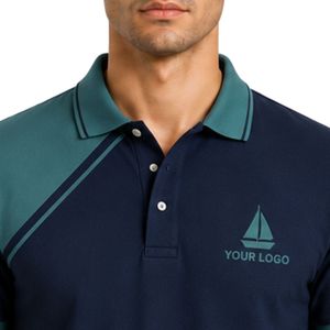 เสื้อโปโลชายสีน้ำเงินกรมท่าและสีเขียวอมฟ้าแบบกำหนดเอง แขนสั้น สวมใส่สบาย เหมาะสำหรับกอล์ฟ รับผลิตแบบ OEM แบรนด์ส่วนตัว ระบายอากาศได้ดี ขายส่ง - Product Image 5