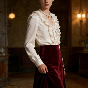 Oferta especial en Temu |   Blusa de Mujer Estilo Vintage con Volantes y Encaje, Manga Larga, Cuello en V, Botones, Camisa Informal para Oficina - Product Image 4