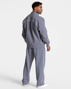 Ensemble de survêtement d'hiver pour homme 100 % coton, couleur unie, avec sweat-shirt zippé à col montant et pantalon de jogging, personnalisable avec logo, décontracté - Product Image 3